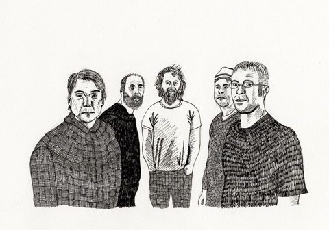 Illustrated group of five people standing together.