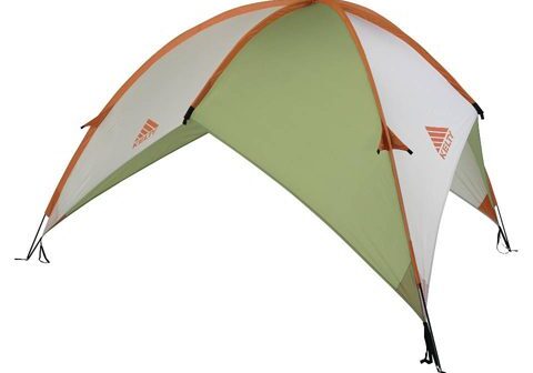 Green and white dome tent with logo.