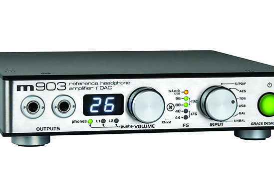 Headphone amplifier with digital display and controls.