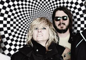 Four people with a swirling checkered background.