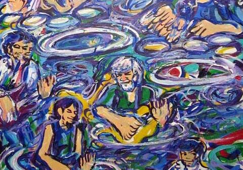 Abstract painting of people in swirling water.