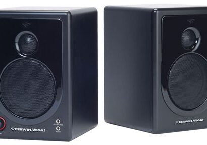 Black Cerwin-Vega desktop speakers, front view.