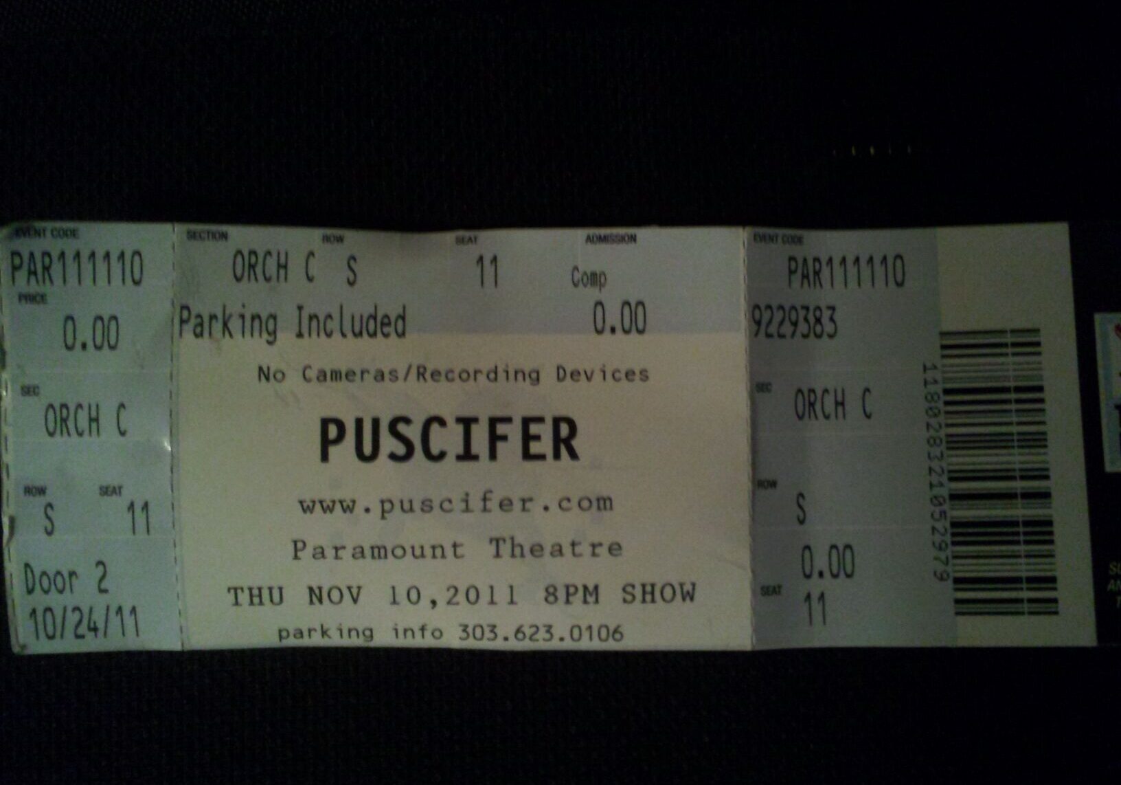 Concert ticket for Puscifer at Paramount Theatre.