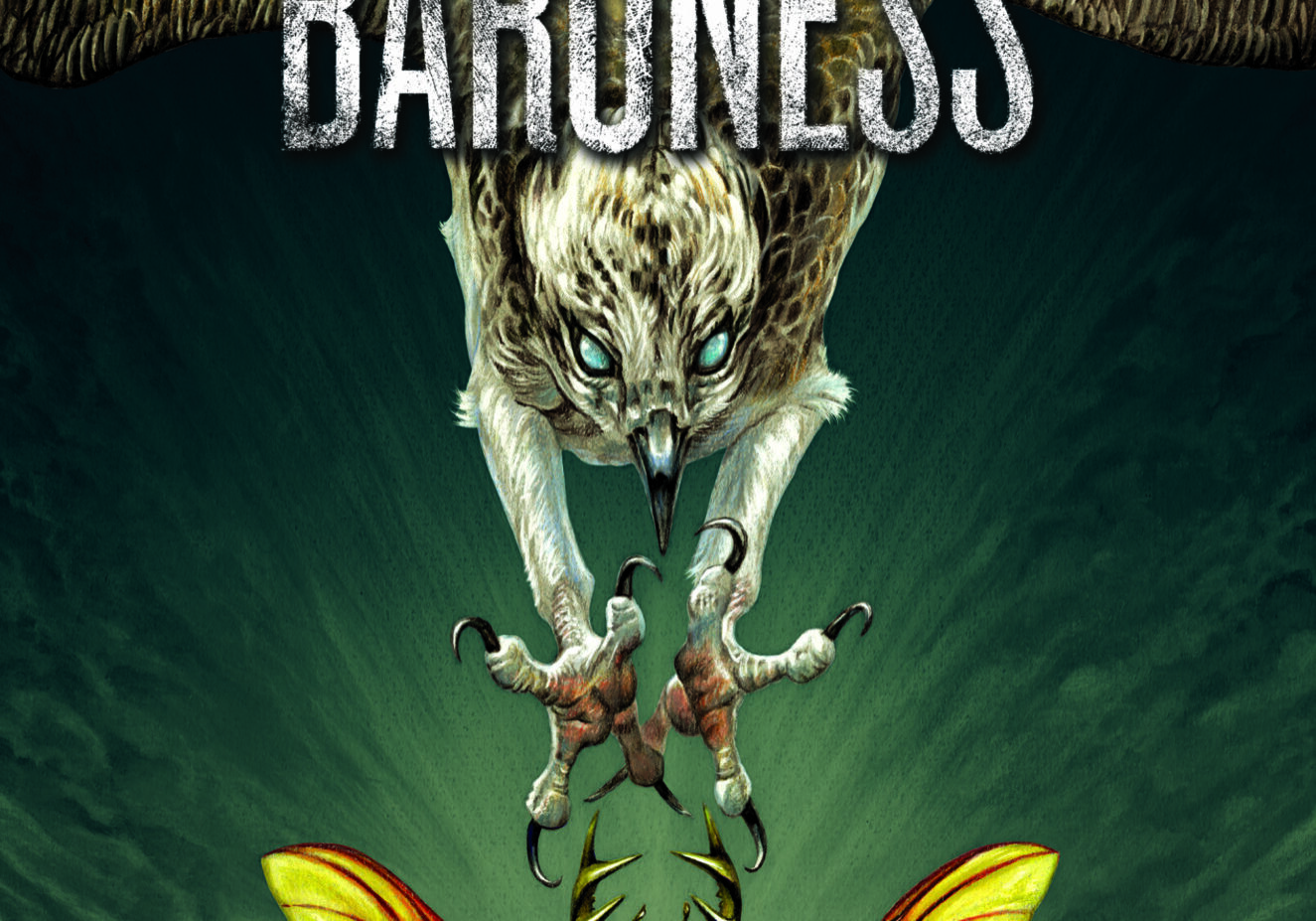 Baroness concert poster with owl illustration.