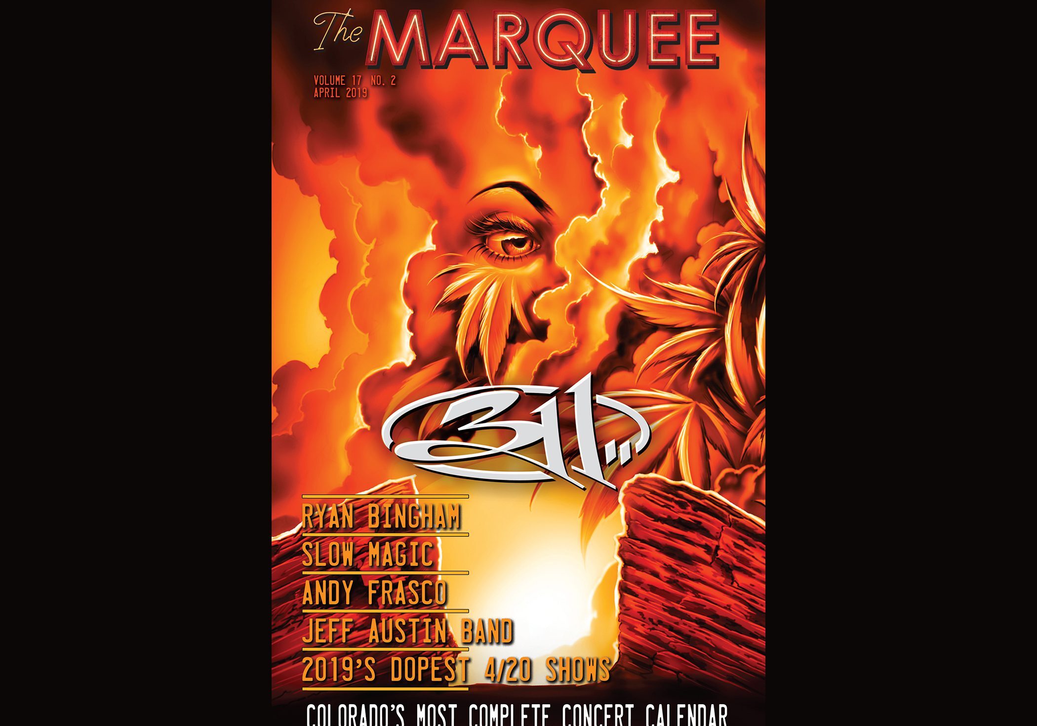 Concert poster with fiery abstract design.