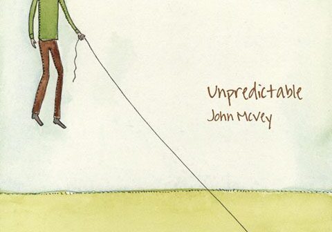 Person flying with kite, "Unpredictable" text.