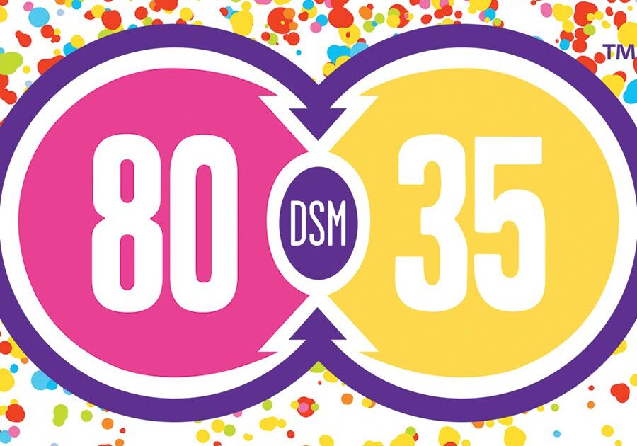 Colorful "80/35 DSM" festival logo.