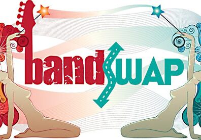 Colorful BandSwap logo with artistic figures.