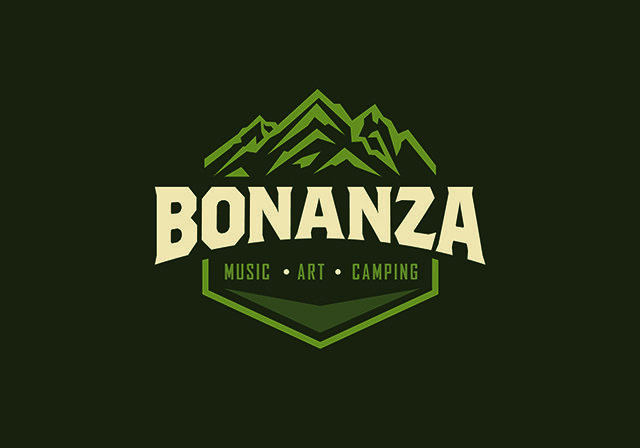 Bonanza logo with mountains, music, art, camping.