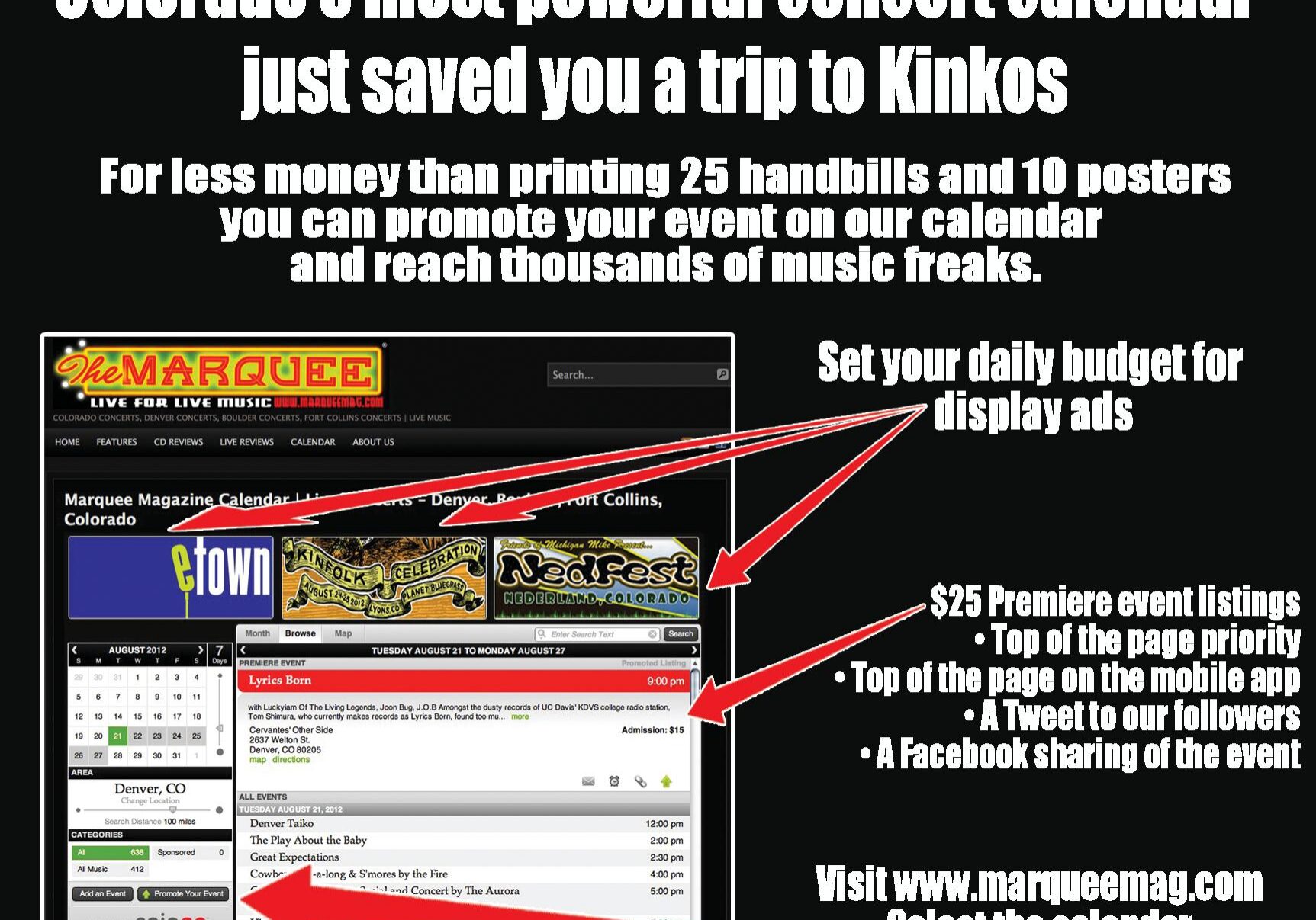 Concert calendar promotional advertisement with website details.