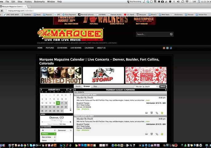 Concert calendar webpage for Colorado events.