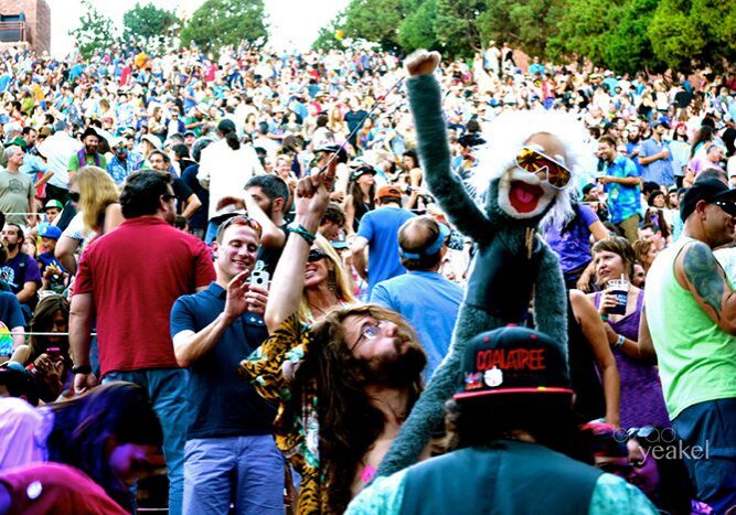 Crowd at outdoor concert with puppet.