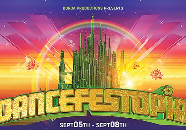Dancefestopia festival poster with colorful background.