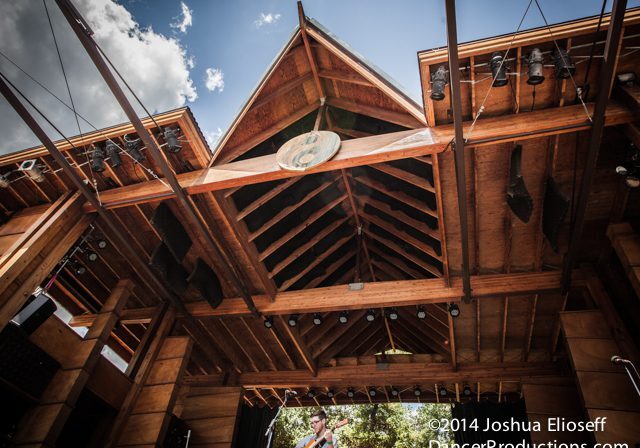 Wooden stage with performer under cloudy sky.