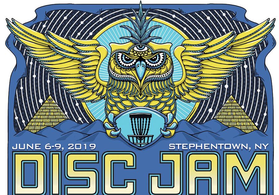 Owl with disc, Disc Jam event poster.
