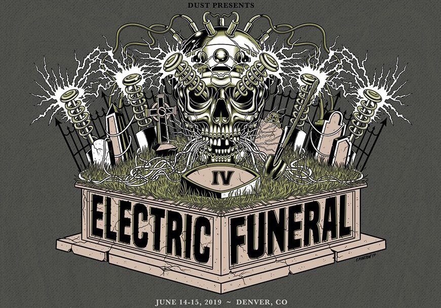 Skull with electric coils and lightning bolts.