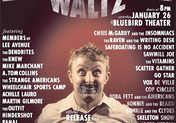 Man with tape over mouth, concert poster.