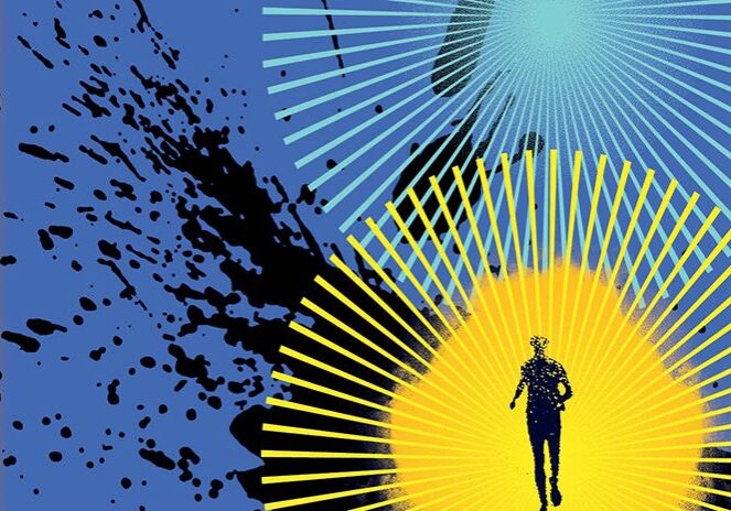 Silhouette running with colorful radial background.