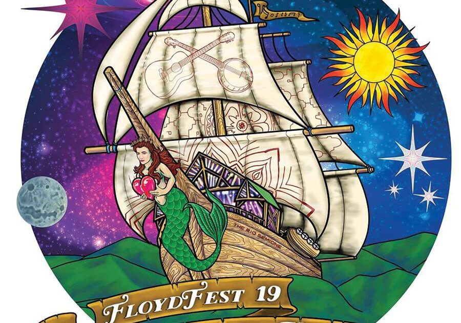 Mermaid on ship with celestial background illustration.