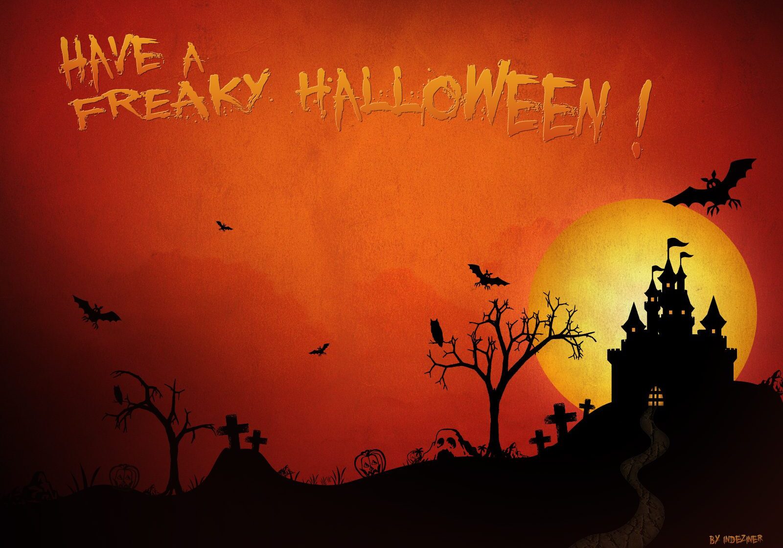 Haunted house with bats and Halloween message.