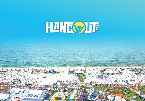 Beach festival with Hangout logo above crowd.