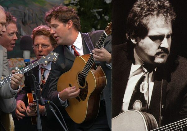 Men playing guitars and banjo on stage.