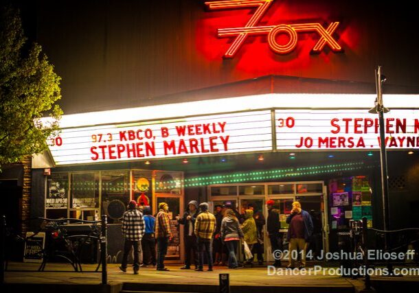 People gathered outside the Fox Theatre entrance.