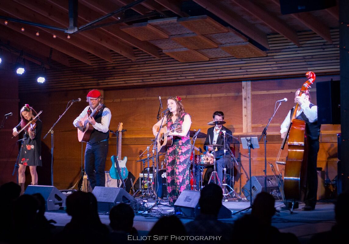 Band performing on stage with instruments.