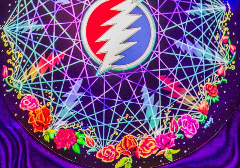 Psychedelic artwork with geometric patterns and roses.