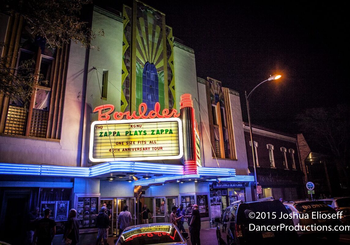 Boulder Theater neon lights at night.