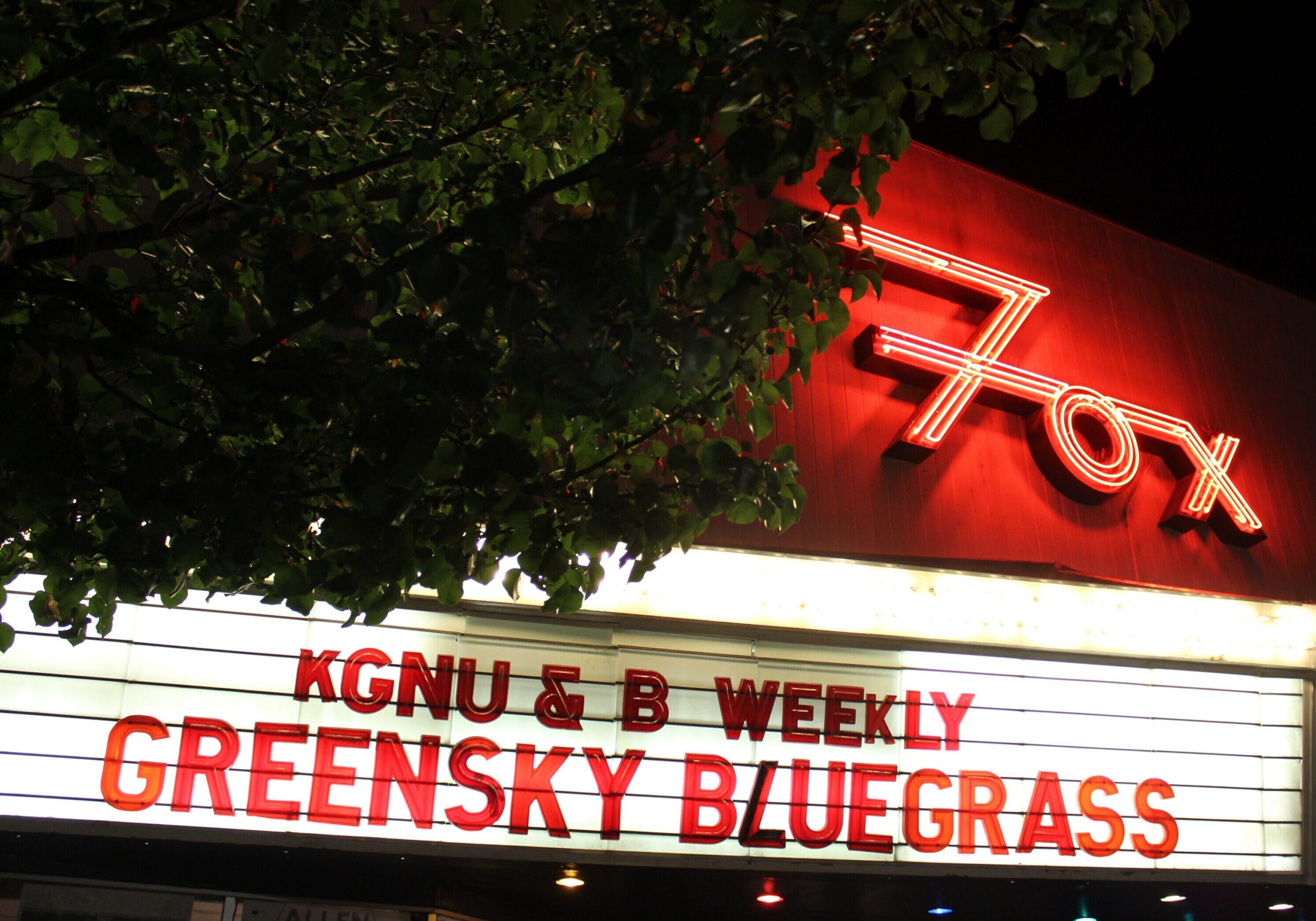 Neon theater sign for Greensky Bluegrass concert.