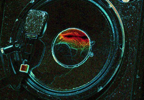 Psychedelic speaker with microphone and colorful design.