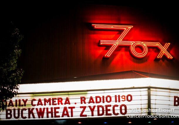 Fox Theater marquee with neon lights illuminated.