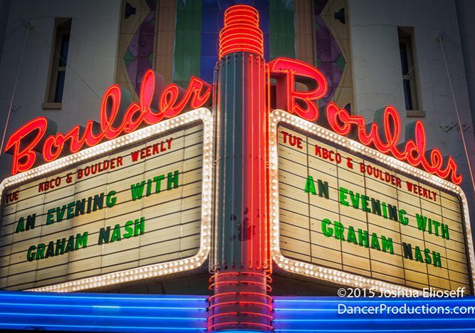 Boulder Theater marquee with neon lights.