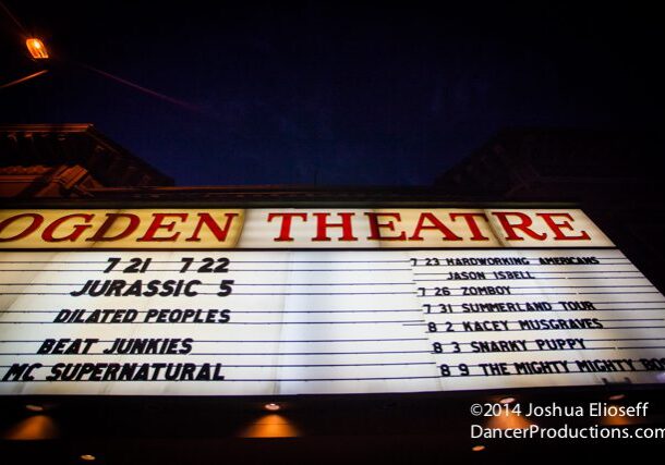 Ogden Theatre marquee with event listings.