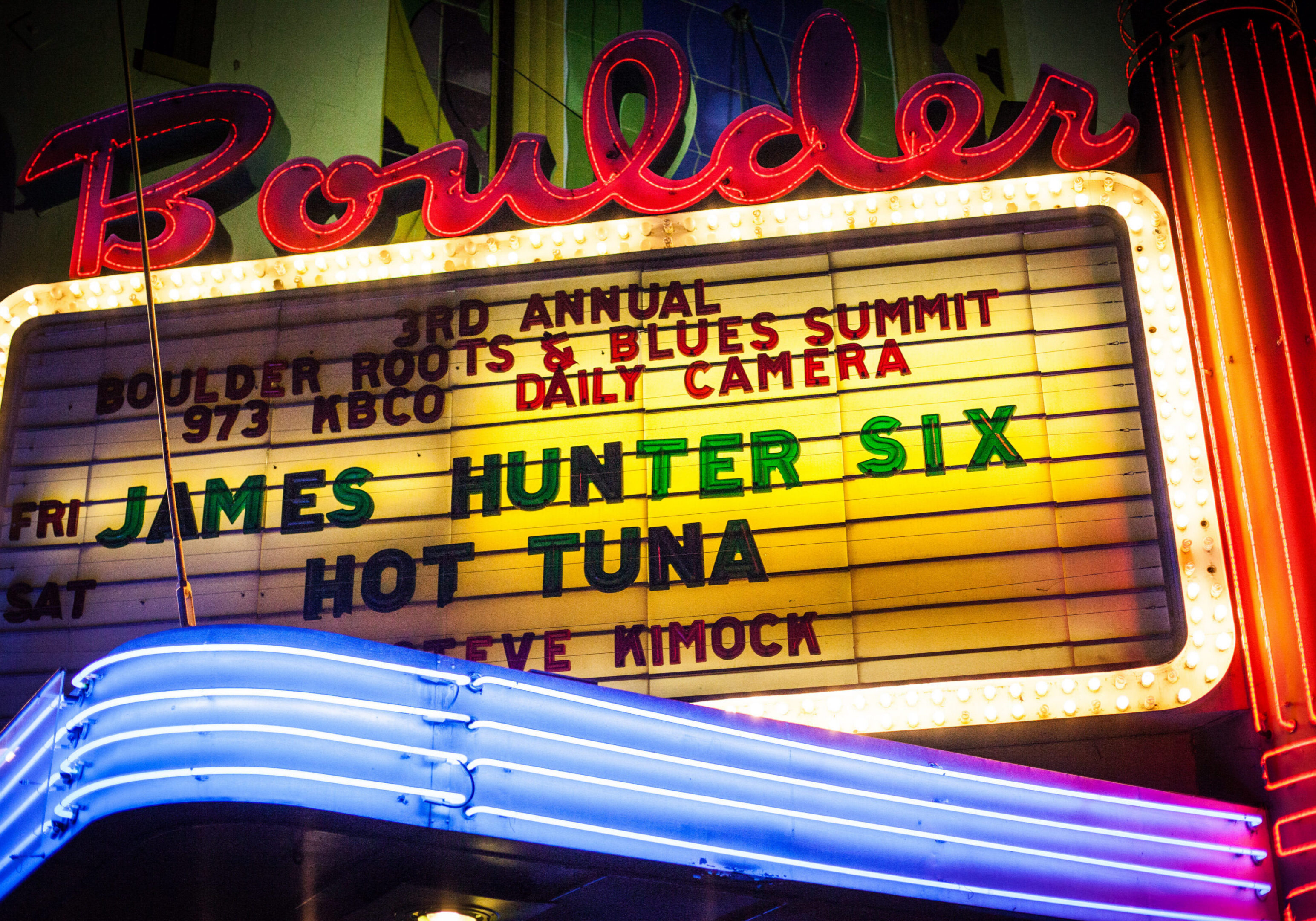 Neon sign for Boulder music event venue.