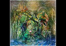 Abstract colorful nature-inspired artwork with leaves.