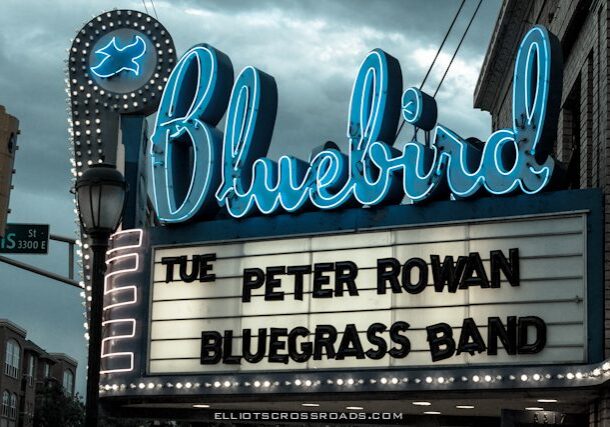 Bluebird theater marquee with bluegrass band sign.