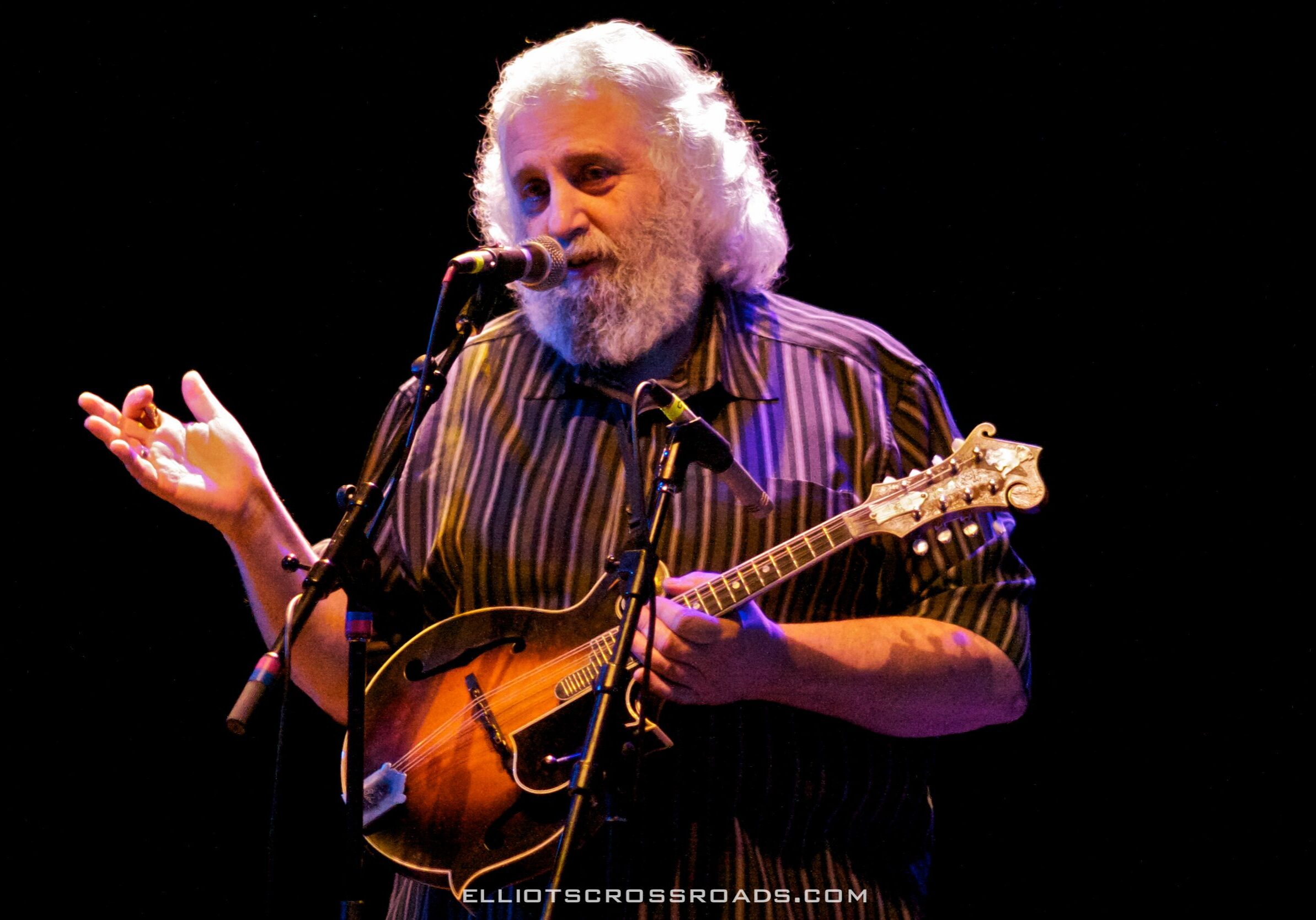 Musician playing mandolin on stage, dark background.