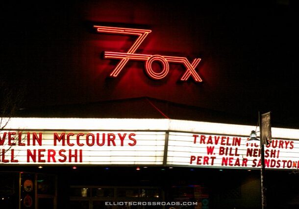 Fox Theater marquee with event listings illuminated.