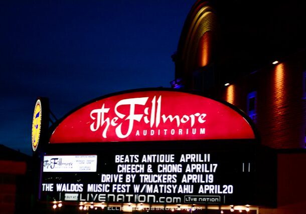 The Fillmore Auditorium event sign at night.