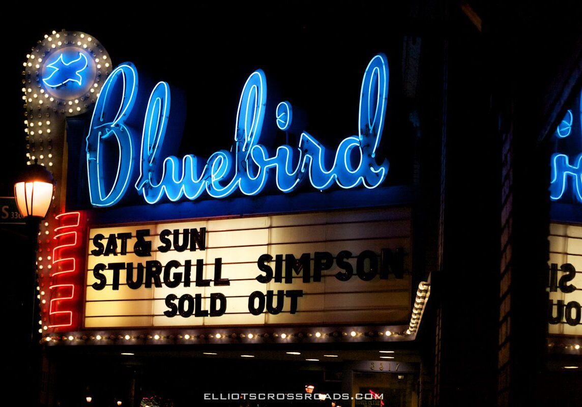 Bluebird Theater marquee announcing sold-out show.