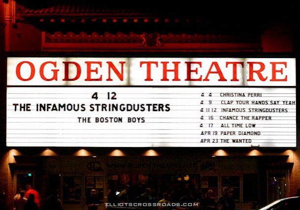 Ogden Theatre marquee with concert listings.