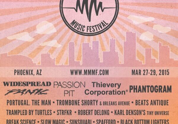 Music festival poster with city skyline.