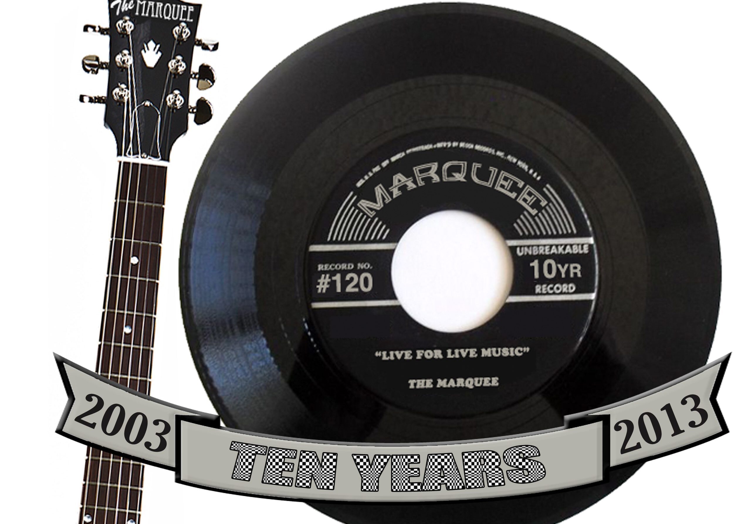 Guitar neck and vinyl record celebrating anniversary.