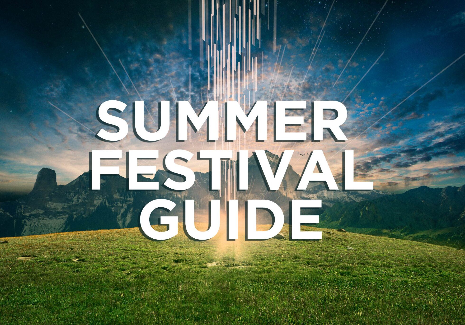 Summer Festival Guide text over scenic landscape.