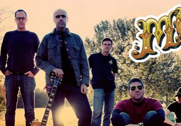 Band outdoors with guitars and stylized logo.