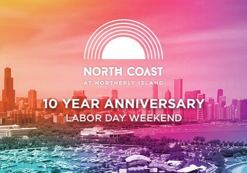 Colorful skyline with North Coast anniversary text.