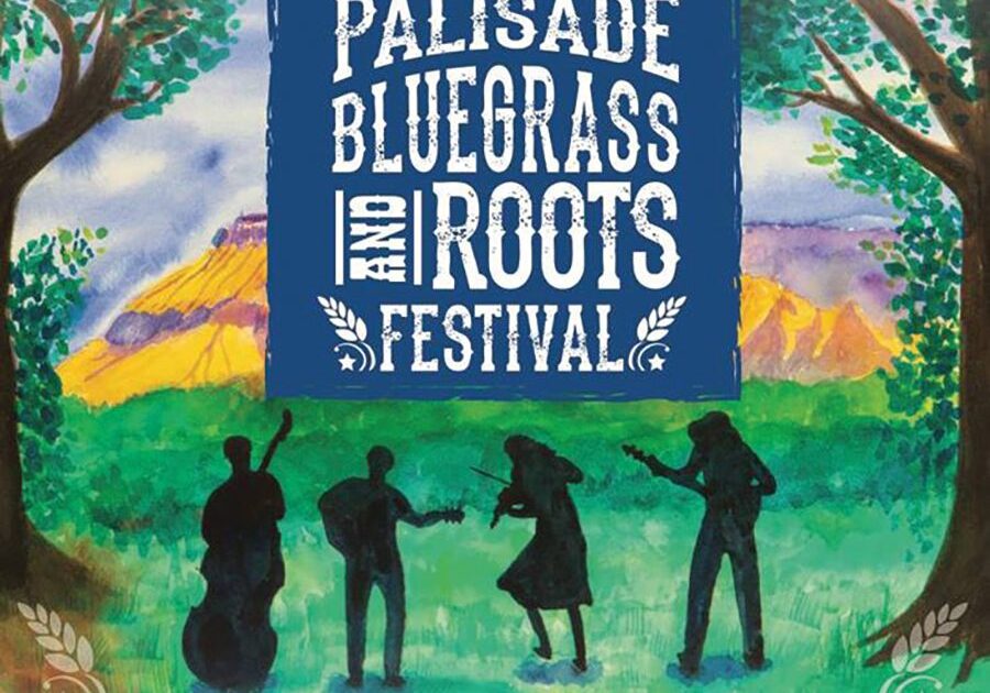Silhouetted musicians at bluegrass festival.