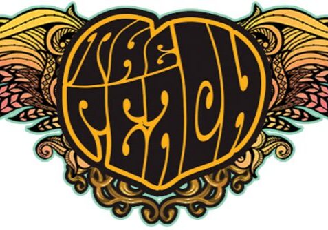 Ornate heart with colorful wings graphic.